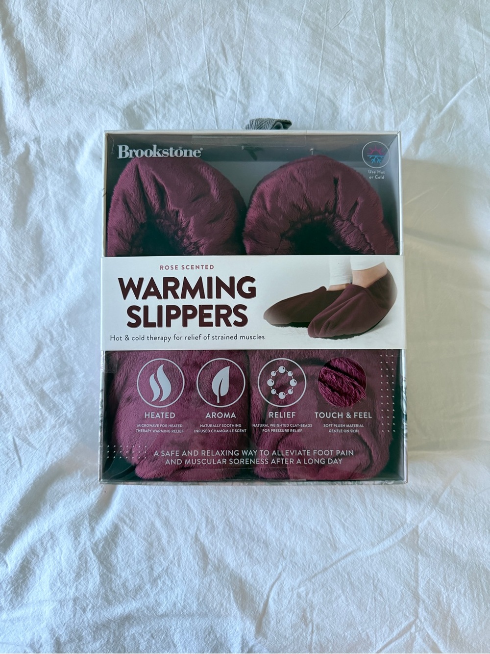 BRAND NEW Brookstone Rose-Scented Warming Slippers Burgundy Foot Therapy Hot/Co
